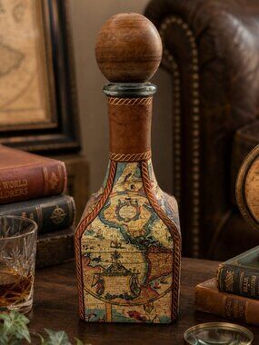 Vintage Old World Map Leather Liquor Decanter - Fausto Corduri Decanter - Italy
